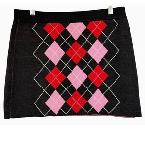 H&M Divided Women's L Black Red Pink Argyle Knit Mini Skirt Preppy Y2K